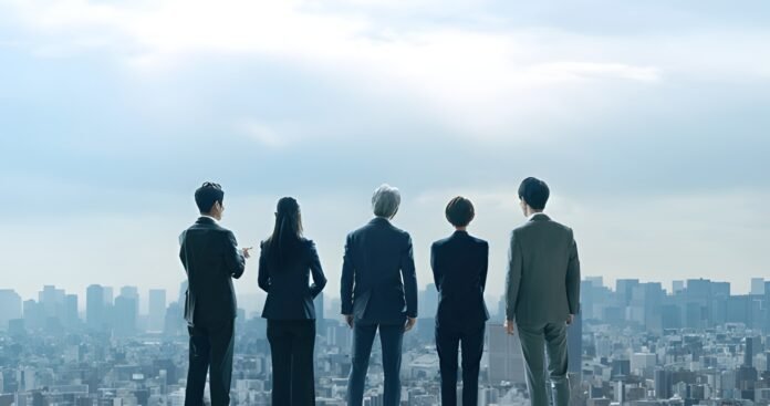 Business People in a Modern City Skyline Entrepreneurs and investors shaping emerging markets.