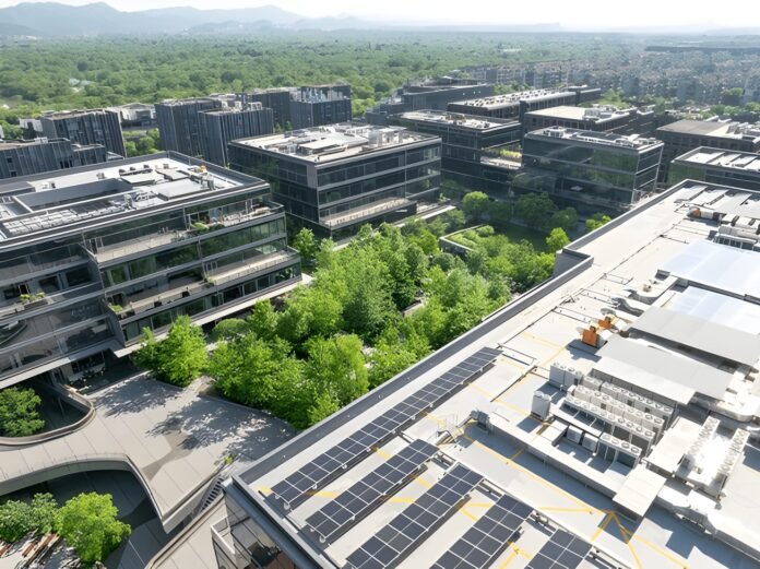 Climate Resillience Modern eco-friendly building with solar panels, symbolizing climate-resilient real estate