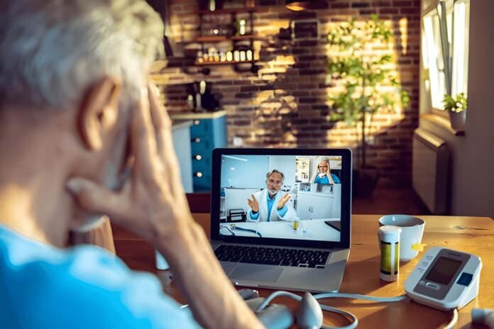 Digital health evolution Patient on a video call with a doctor, symbolizing telemedicine.