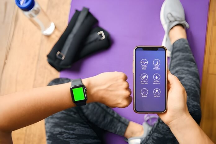 Person practicing mindfulness with smartwatch showing health data.