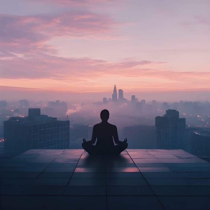 Mental fitness Person meditating with city skyline in background, symbolizing mental health balance.