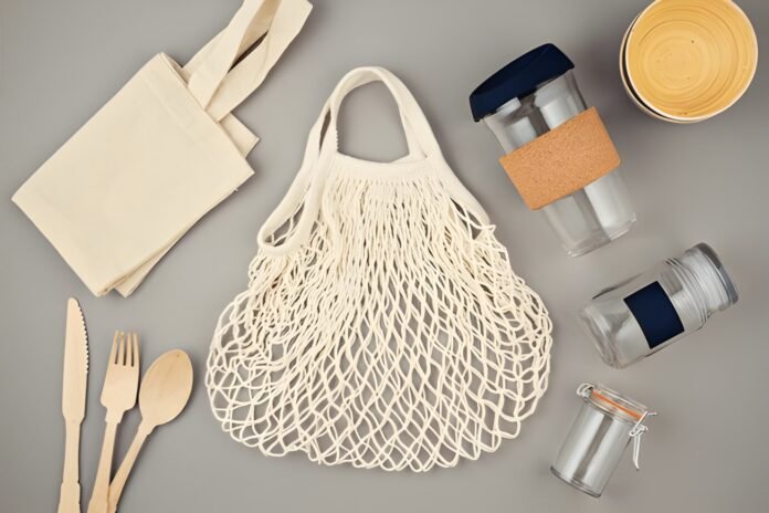 Reusable eco-friendly jars and bags promoting a zero-waste lifestyle.