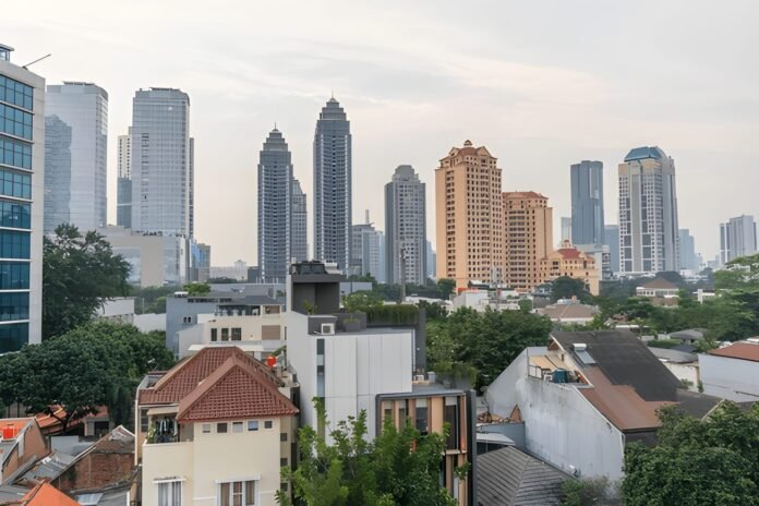 Mixed-use developments Modern city district with house and buildings, showing mixed-use real estate developments.