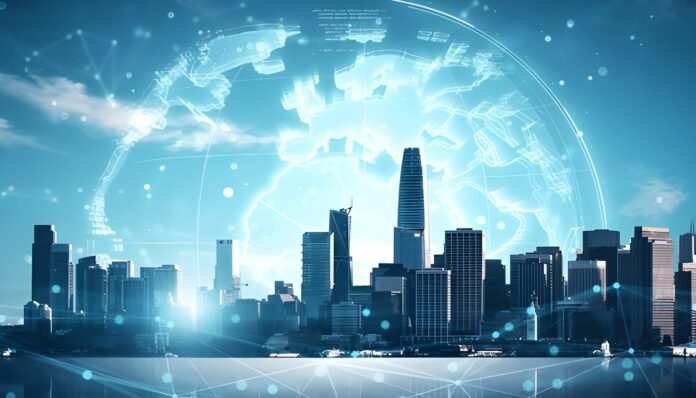 Tech business Modern city skyline with digital data overlay symbolizing business digital transformation.