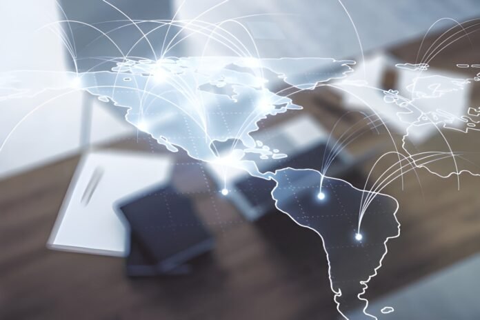 The Changing Global Economy Digital map showing global trade and economy connections.