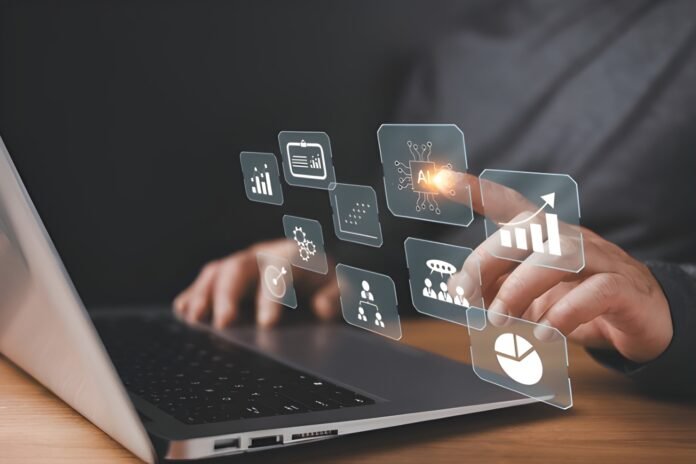 The Rise of AI Data visualization glowing with AI icons.