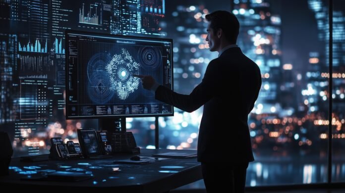 ai-driven efficiency Business leader reviewing AI-powered analytics dashboard for boosting global efficiency.