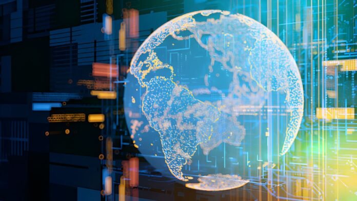 global network digital Digital global network representing edge computing data processing