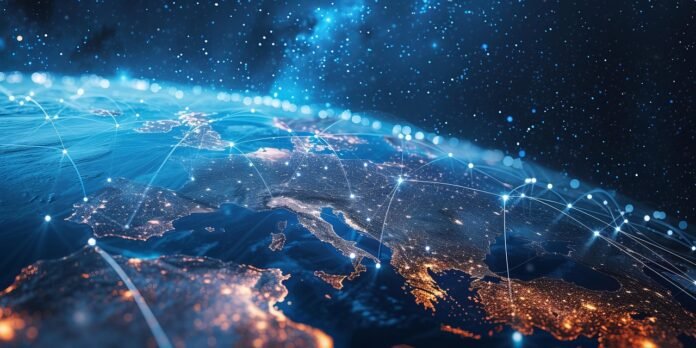 global network map Digital world map showing global supply chain connections and logistics networks.