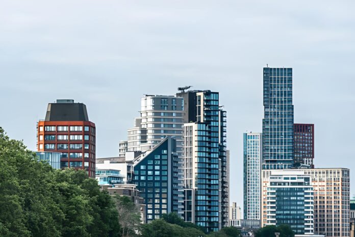 Corporate housing buildings Corporate housing buildings in a modern business district skyline.