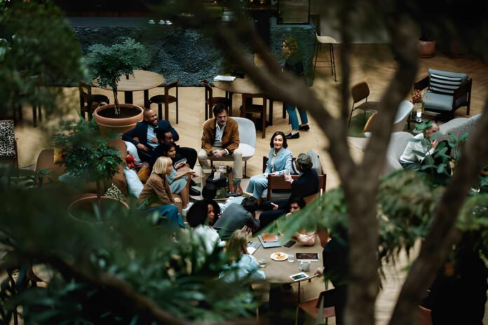 People working and socializing in a café