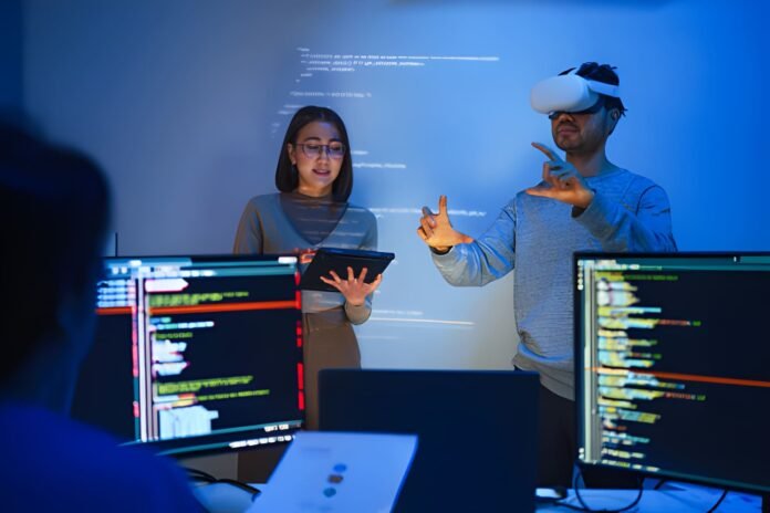 mixed realiy tech A person interacting with holographic digital interfaces representing spatial computing technology.