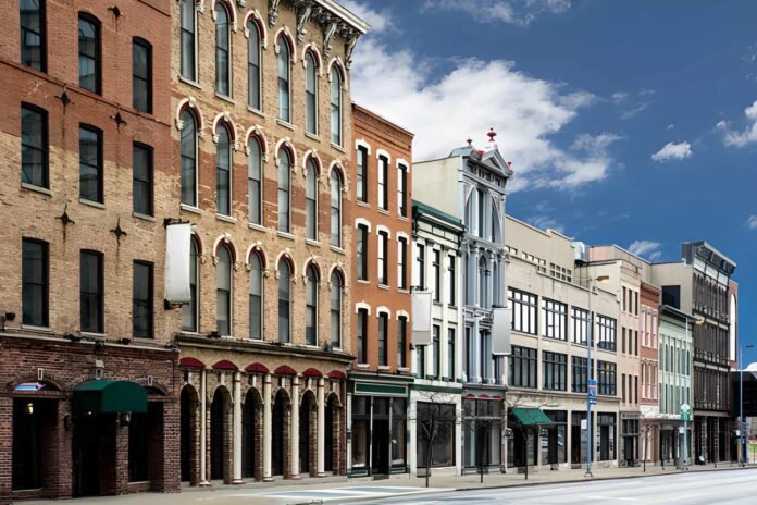 old buildings City street with restored commercial properties
