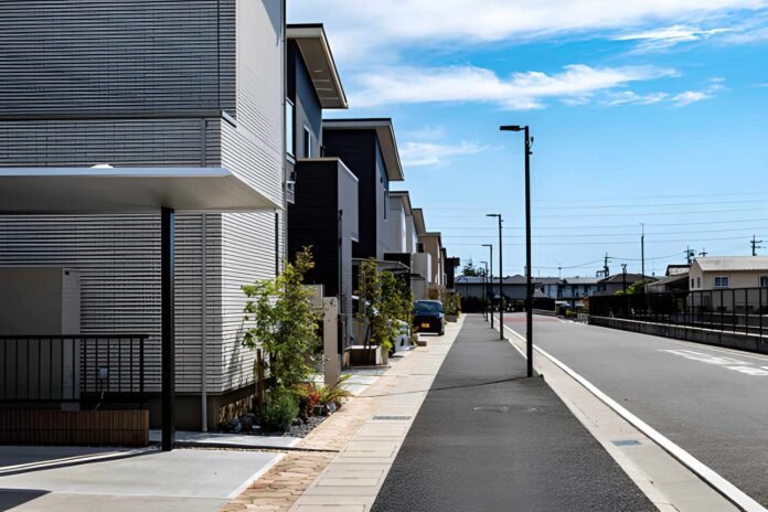 residential area A residential area with wide sidewalks and nearby amenities.