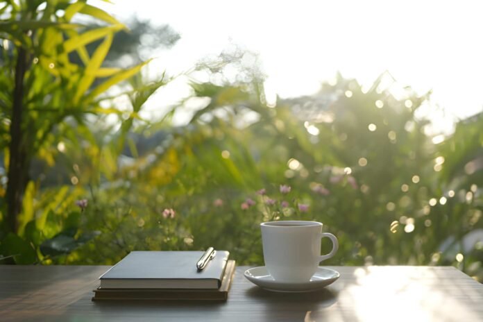 Morning ritual setup with journal and coffee in natural light.