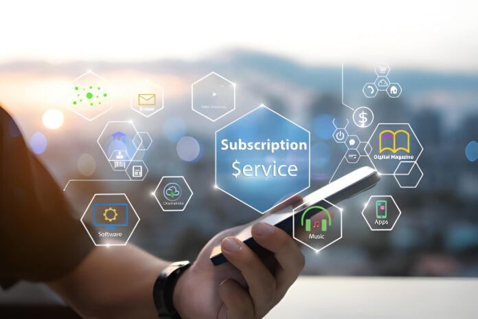subscription User navigating multiple subscription apps, symbolizing growth of the subscription economy.