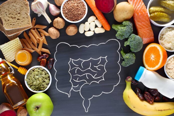 gut health Healthy foods surrounding a gut-health graphic