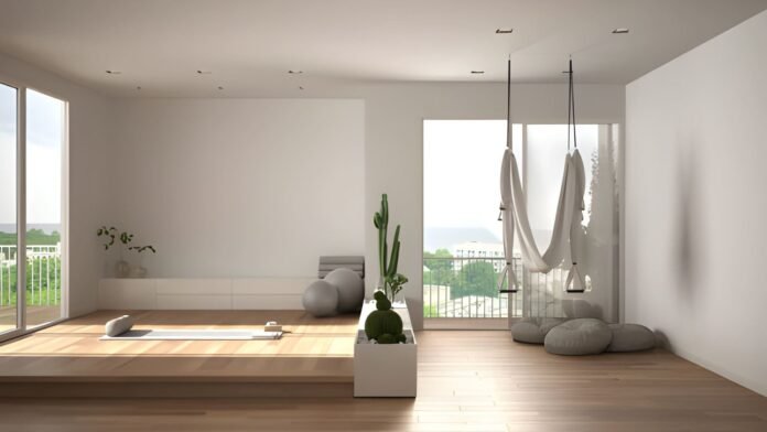 wellness amenities Bright apartment with large windows, indoor plants, and fitness corner