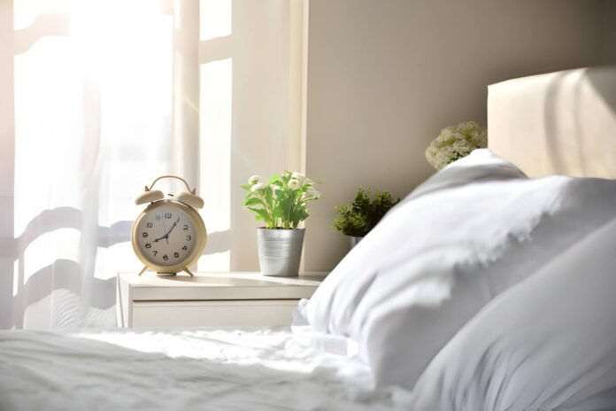 A sunrise shining through a bedroom window with a clock on a bedside table.