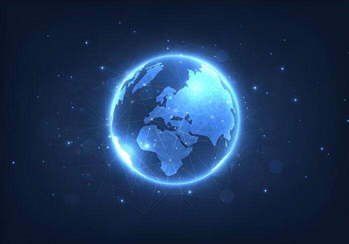 Digital infrastructure Modern data center connected to a global digital network.