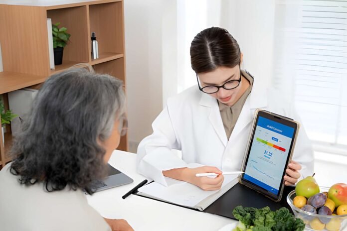 Healthspan Doctor reviewing wellness data with an older patient.