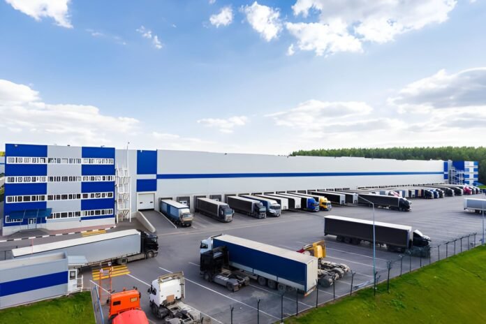 Aerial view of a large logistics and distribution center.
