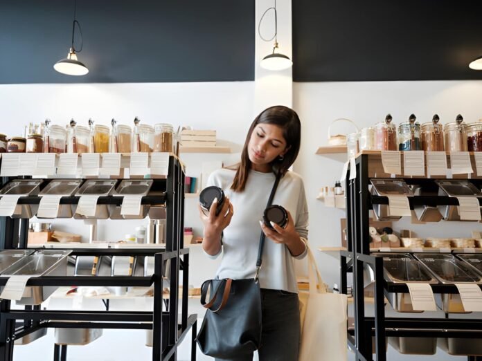 Mindful spending A women thoughtfully comparing two products while shopping in a store.