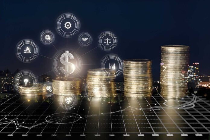 Sovereign wealth Stacks of coins connected to technology, energy, and transportation icons.