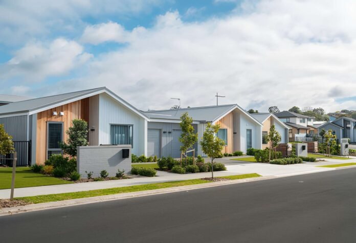 built to rent A modern neighborhood of newly built rental homes with landscaped streets.