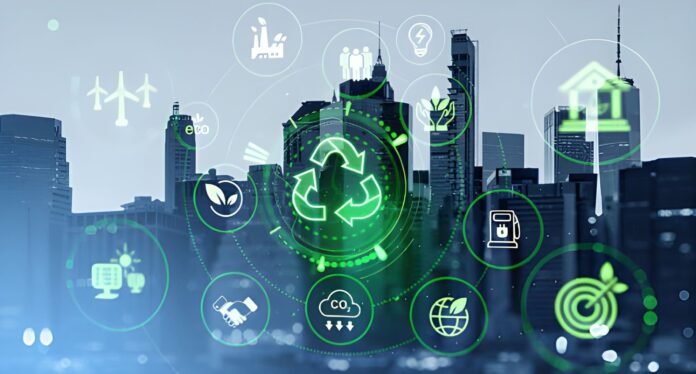 circular economy Recycling arrows surrounding factories and modern city buildings.