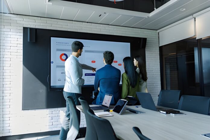 Modern office team sharing information on interactive screens.