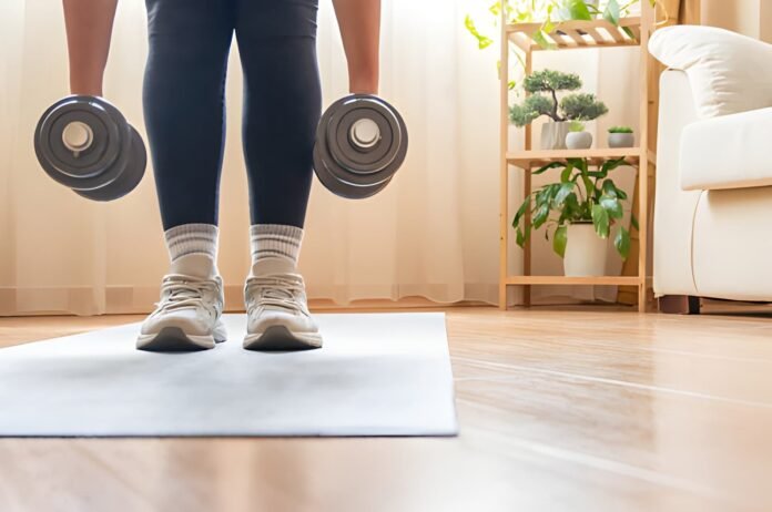 muscle health Person lifting light dumbbells in a bright home gym.